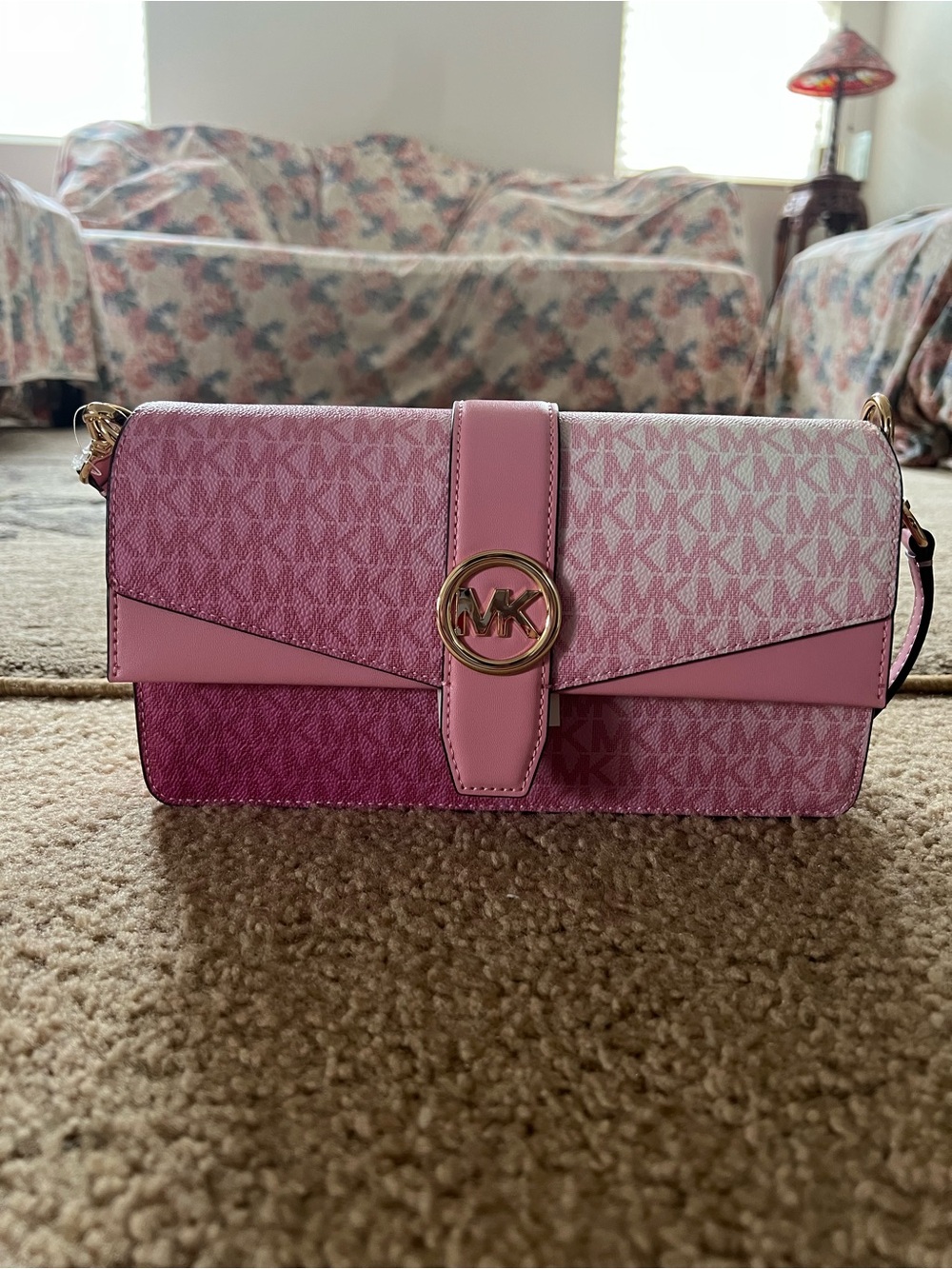 Michael Kors Pink Gradient Logo Crossbody Bag with Gold MK Emblem